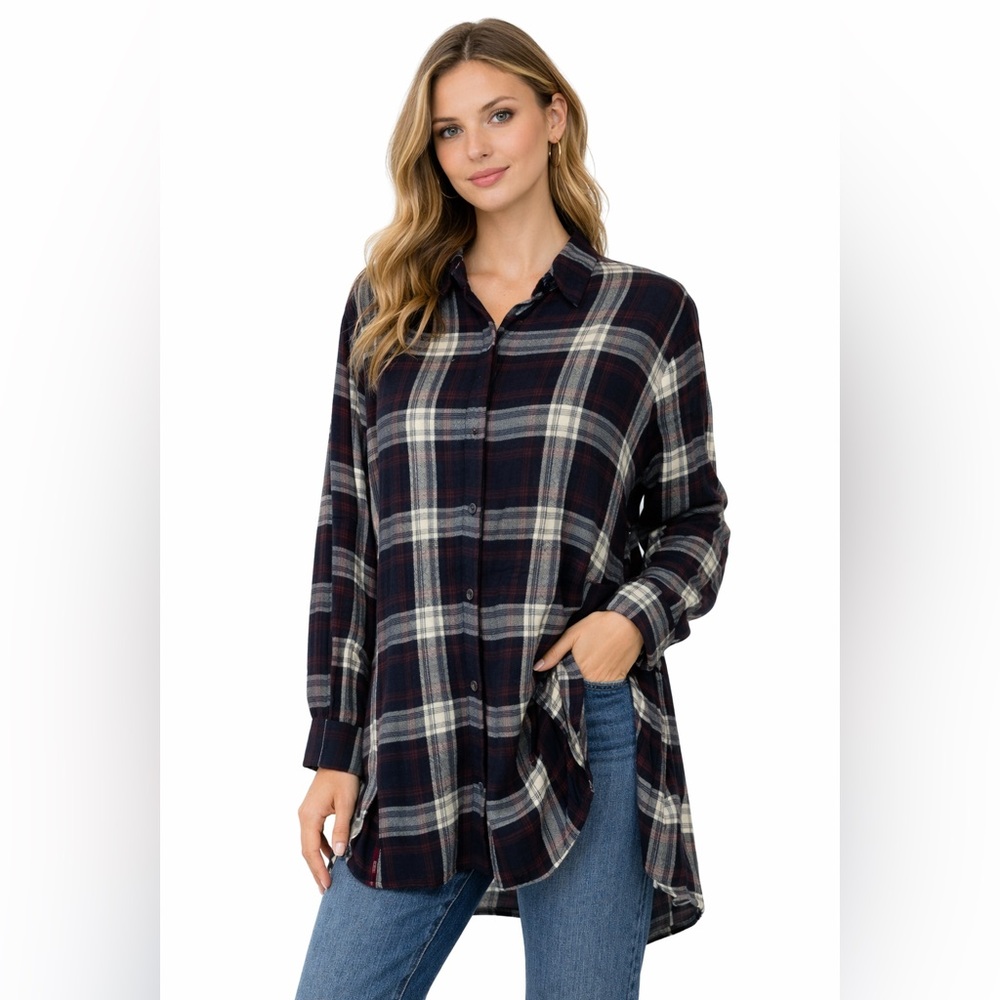 Elan Plaid Button Front Tunic Top Hi Low Hem Long Sleeve